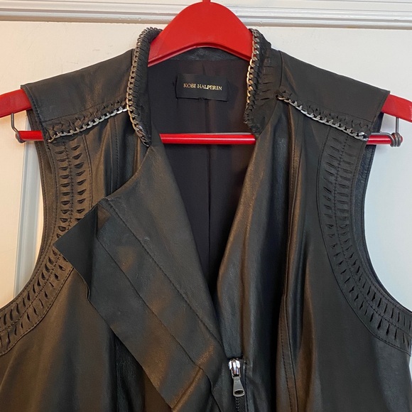 Kobi Halperin 💯Genuine Leather Black Silver Chain Full Zip Ruffled Vest - Picture 7 of 16